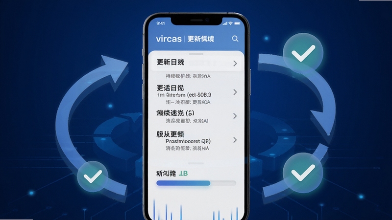 vircas版本更新界面示意图,画面中手机屏幕显示更新日志列表与进度条,周围环绕着箭头循环与对勾图标,背景为深蓝色渐变,突出软件持续维护与版本迭代的视觉概念