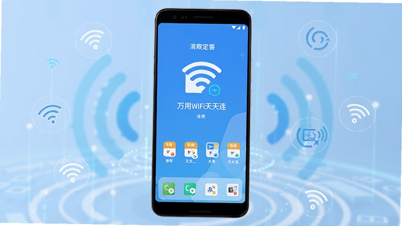 ��������չʾһ����׿�ֻ����ֻ���Ļ��ʾ����WiFi����������ˬ�����棬��Χ������WiFi�źŲ���ͼ�����ȵ�����ͼ�꣬����Ϊ����ɫ����Ƽ��г����������������죬ͻ�������������