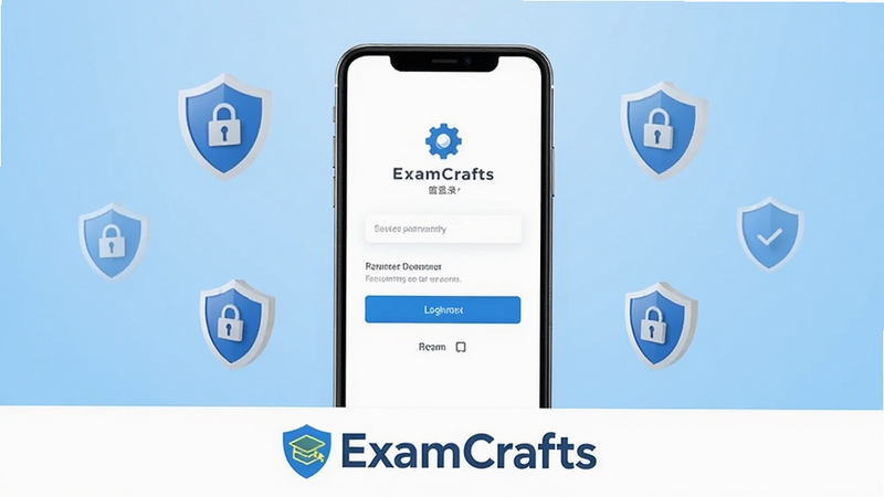 ExamCrafts������¼���ҳ��ʾ�⣬��������Ϊһ���ֻ���ʾ��¼���棬��������Ϊǳ��ɫ���䣬��Χ�ж���������ͼ��������ȫ������ײ���ExamCrafts��ʶ���������ţ�ͻ���˺Ű�ȫ����