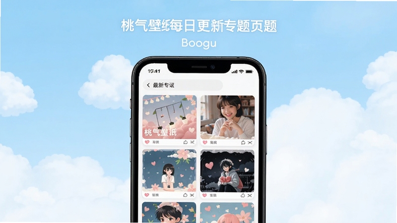桃气壁纸每日更新专题页面,画面主体为一部手机屏幕显示最新壁纸列表,背景区域为浅蓝色与白色交织的云朵图案,屏幕中呈现多张不同风格的壁纸缩略图,整体氛围清新活泼,适配Boogu模型生成