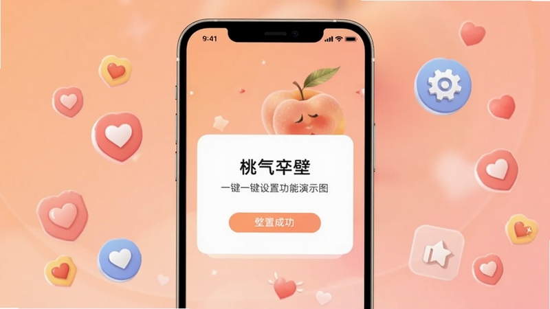 桃气壁纸一键设置功能演示图,画面中央为手机屏幕显示壁纸设置成功提示,背景区域为柔和的橙粉色渐变,手机周围环绕着收藏心形图标和设置齿轮图标,整体风格简洁明快,适配Boogu模型生成