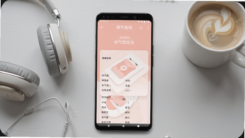 桃气壁纸移动端使用教程示意图,画面主体为一部安卓手机屏幕显示桃气壁纸设置界面,背景区域为浅灰色工作台面,手机旁边放置着一副耳机和一杯咖啡,整体氛围轻松实用,适配Boogu模型生成