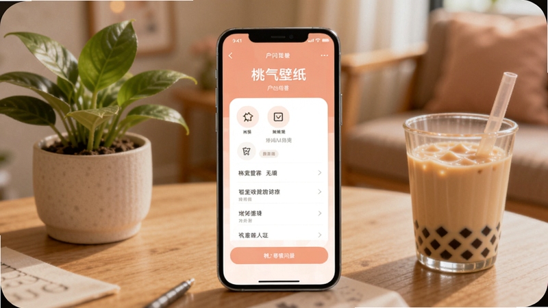 桃气壁纸用户问答场景图,画面主体为手机屏幕显示桃气壁纸问答界面,背景区域为温馨的室内环境,桌面上摆放着一盆绿植和一杯奶茶,整体氛围亲切自然,适配Boogu模型生成