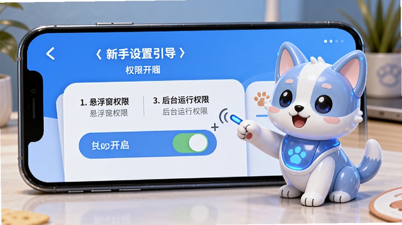 电子桌面养宠 新手设置引导界面,手机屏幕显示权限开启步骤,包括悬浮窗权限和后台运行权限的开关按钮,界面以蓝色调为主、步骤清晰标注,旁边有一只电子宠物做出指引动作,整体风格简洁易懂