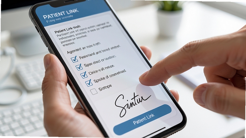 Patient Link ����ͬ����ǩ�������д������չʾ�ֻ���Ļ�ϵ�ͬ�������ѡ����дǩ��������ָ������Ļ��ǩ��������Ϊ�黯��ҽ�ư칫�����棬������ɾ����