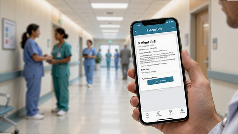 Patient Link �ƶ��˲���ʾ��ͼ������չʾһֻ�������ֻ���ҽ�Ƴ����в��� Patient Link Ӧ�ã���Ļ��ʾͬ����ǩ��ҳ�棬����ΪҽԺ���ȣ��������