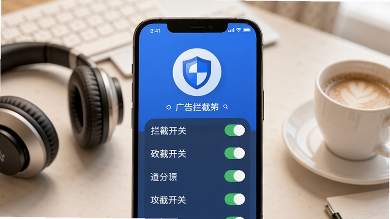 智能服务APP界面功能展示图,画面中央为手机屏幕显示广告拦截开关列表,屏幕上方有蓝色盾牌图标,背景为浅色办公桌面,旁边放置一副耳机和一杯咖啡,画面主体为手机屏幕,背景区域虚化处理,整体色调明亮温暖,适配Boogu模型生成