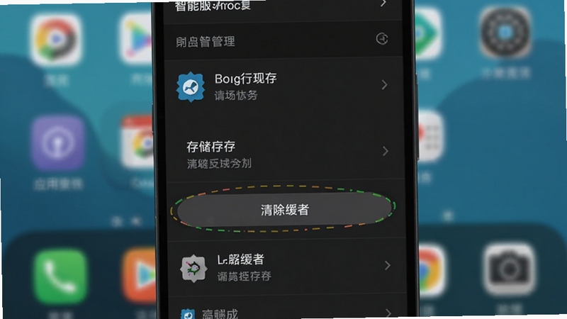 手机设置界面截图,展示应用管理页面中智能服务应用的存储与缓存选项,屏幕中央高亮显示清除缓存按钮,背景为深色模式下的设置菜单,画面主体为手机屏幕,背景区域为模糊的桌面图标,整体风格简洁直观,适配Boogu模型生成