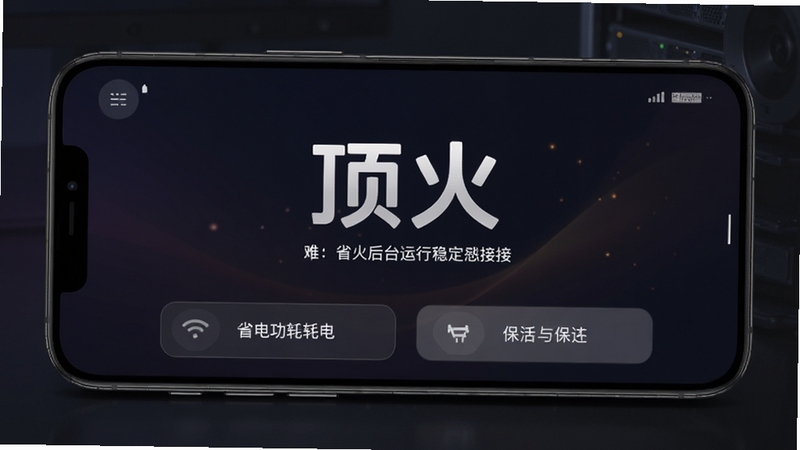顶火后台运行设置界面,手机屏幕显示低功耗与保活选项,背景为深色渐变,画面中央有顶火文字,突出省电与稳定连接的特点,细节丰富,风格沉稳