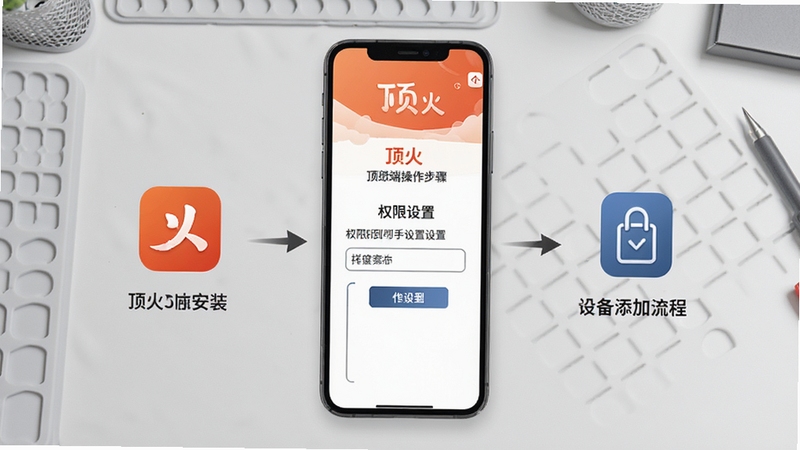 顶火手机端操作步骤示意图,画面展示手机屏幕从安装到权限设置再到设备添加的流程,背景为浅灰工作台风格,画面中有顶火应用图标与文字,细节清晰,适合新手教程配图