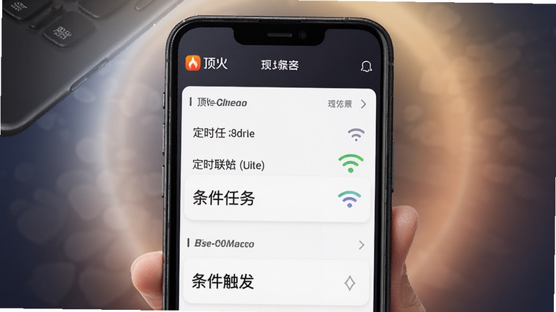 顶火场景联动设置页面,手机界面展示定时任务列表与条件触发选项,背景带有柔和光效,画面中有顶火应用名称,突出智能联动的便捷感,细节清晰,风格简约