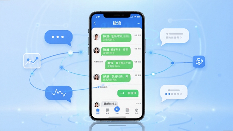 脉浪软件主界面全貌展示,画面中央为手机屏幕内显示脉浪聊天列表与底部导航栏,背景为浅蓝色渐变科技感空间,周围散布简洁的聊天气泡与连接线条图标,整体风格清爽现代,突出即时通讯主题