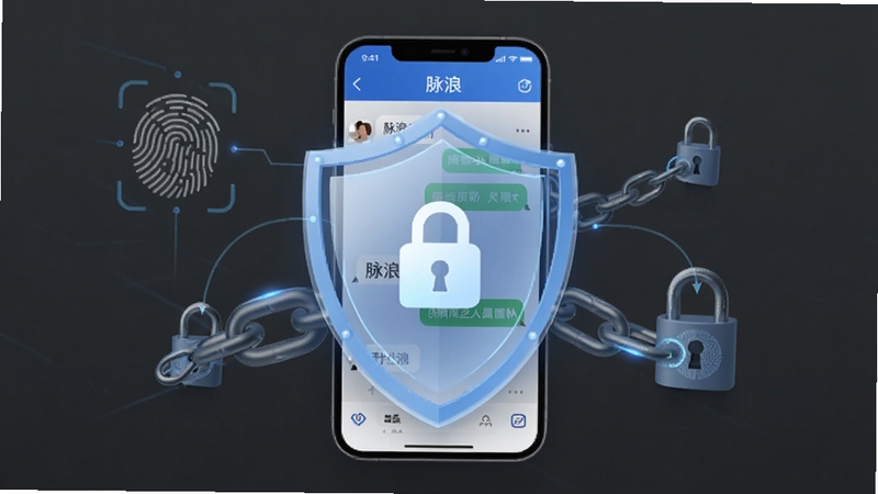 脉浪隐私安全保护功能示意图,画面中央为带锁图标的手机屏幕,屏幕内显示脉浪聊天界面被安全护盾包裹,背景为深灰色调,周围有指纹识别与加密锁链元素,突出安全防护概念