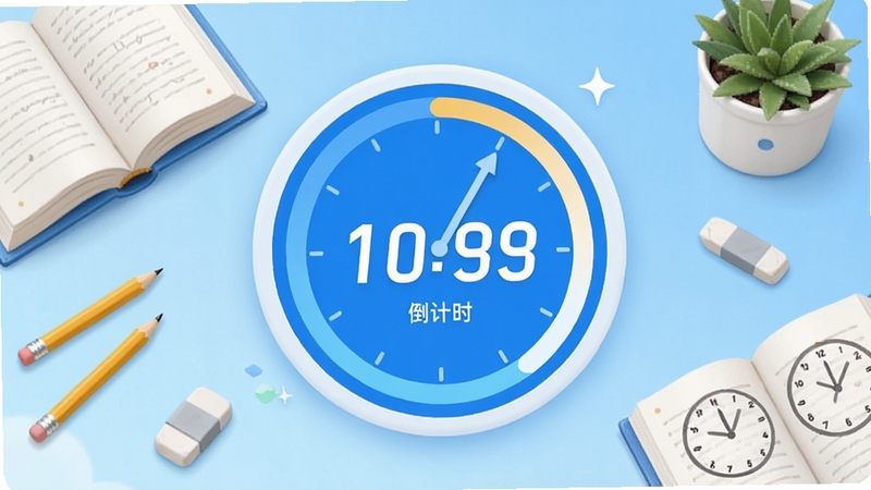 唐三浪学习时钟倒计时界面,画面中央为环形进度条正在倒计时,周围有书本、铅笔、橡皮等学习用品点缀,背景为淡蓝色渐变,整体风格清新明快,突出时间管理主题,适合应用功能展示图
