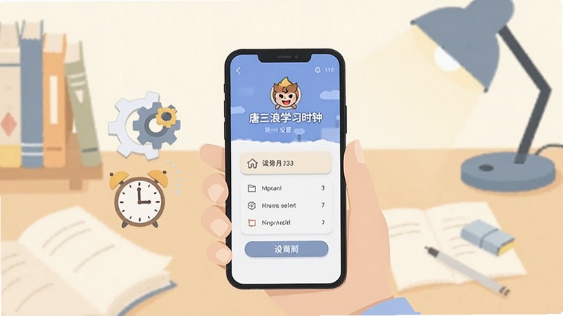 唐三浪学习时钟使用教程示意图,画面展示一只手拿着手机,手机屏幕上显示唐三浪学习时钟的设置界面,旁边有齿轮和时钟图标,背景为简洁的书桌,风格扁平化,色彩柔和,适合作为操作指南配图
