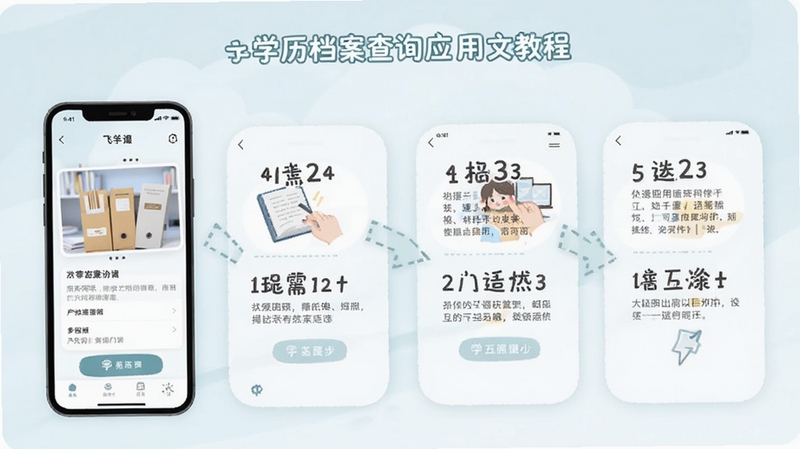 学历档案查询应用内的图文教程页面,展示分步骤操作指引,配有手机界面示意图和文字说明,风格简洁友好