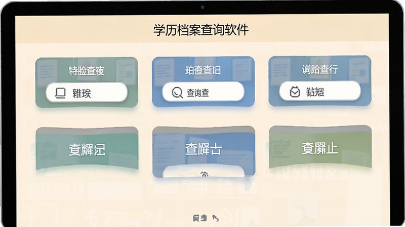 学历档案查询软件功能界面截图,展示多个查询入口按钮整齐排列,背景为柔和浅色,画面干净整洁,突出导航功能