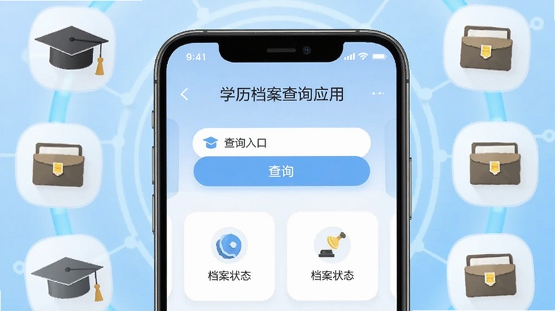 画面中央放置一部智能手机,屏幕显示学历档案查询应用主界面,界面包含查询入口按钮与档案状态卡片,背景为浅蓝色渐变科技风格,四周环绕学士帽与档案袋图标,整体色调清爽明亮,构图居中,适合作为软件下载站预览图