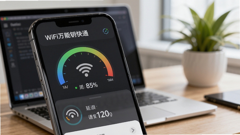WiFi万能钥快通网络检测功能界面图,画面为手机屏幕特写,显示网速测试仪表盘与延迟数据,背景为办公室桌面,有笔记本电脑和绿植,光线明亮柔和,适配Boogu模型生成