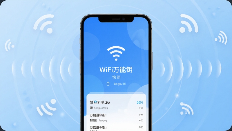 WiFi万能钥快通软件主界面全貌展示,画面中央为手机屏幕特写,屏幕中呈现软件启动页与周边无线信号列表,背景为浅蓝色渐变科技感底纹,四周点缀简约的无线网络图标与信号波纹元素,整体风格清爽现代,适配Boogu模型生成