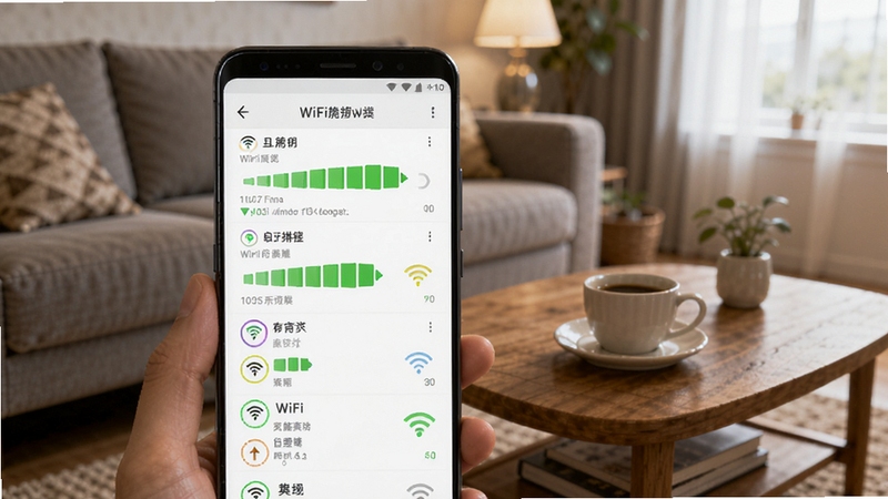 WiFi万能钥快通智能扫描功能展示图,画面主体为一部安卓手机,屏幕显示周边WiFi列表按信号强度排列,绿色信号格醒目,背景为居家客厅场景,茶几上放着咖啡杯,氛围轻松生活化,适配Boogu模型生成