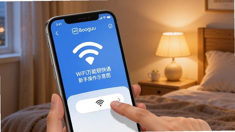 WiFi万能钥快通新手操作示意图,画面展示一只手指点击手机屏幕上的连接按钮,屏幕显示WiFi万能钥快通界面,背景为温馨卧室环境,床头灯散发暖光,整体色调柔和,适配Boogu模型生成