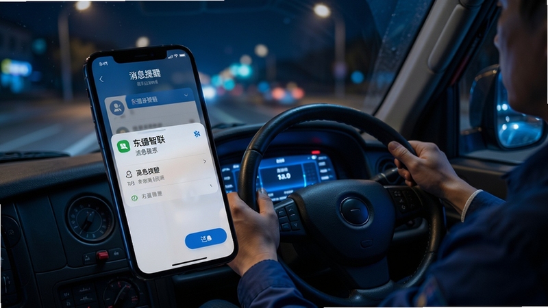 东疆智联司机端 消息提醒界面 手机通知弹窗 货运司机在驾驶室查看手机 夜间灯光 蓝色科技感 高清细节
