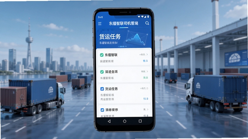 东疆智联司机端 手机应用主界面 货运任务列表 蓝色科技风格 现代物流场景 安卓手机屏幕展示 简洁商务视觉 高清细节