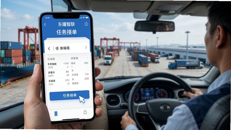 东疆智联司机端 任务接单界面 手机屏幕 货运司机点击接单 背景为港口集装箱与物流园区 蓝白配色 写实风格 高清细节
