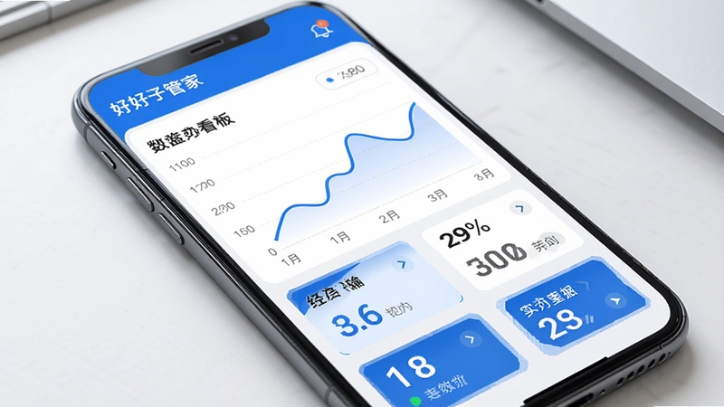 好好管家经营数据看板界面,手机屏幕显示折线图与数字卡片,简洁蓝白配色,商务风格,高清细节
