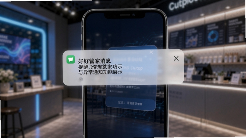 好好管家消息提醒与异常通知功能展示,手机弹出通知卡片,背景为模糊的店铺场景,科技感光效,清晰文字