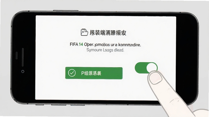 FIFA14原版安装器移动端安装操作界面截图,画面主体为手机屏幕显示权限开启引导页面,背景为浅灰色简约风格,屏幕旁边有手指点击权限开关的示意,突出新手引导的清晰易懂