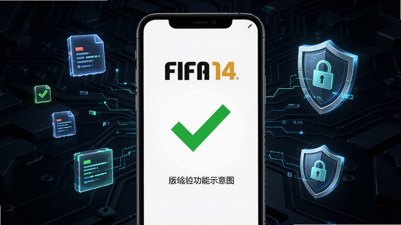 FIFA14原版安装器版本校验功能示意图,画面主体为手机屏幕显示绿色对勾校验通过界面,背景为深色科技纹理,周围漂浮数据包碎片和盾牌图标,突出安全检测与完整性保护概念