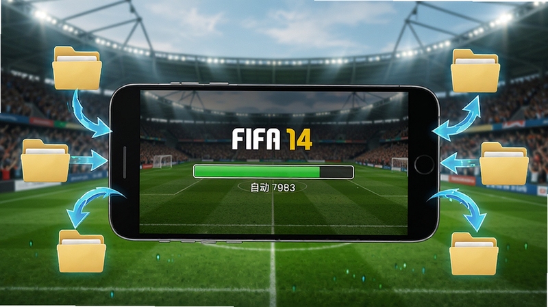 FIFA14原版安装器一键部署数据包功能展示,画面主体为安卓手机屏幕显示安装进度条,背景为足球场绿茵与观众席,手机周围环绕obb文件夹图标和数据传输箭头,整体风格写实科技感,突出自动安装的便捷性