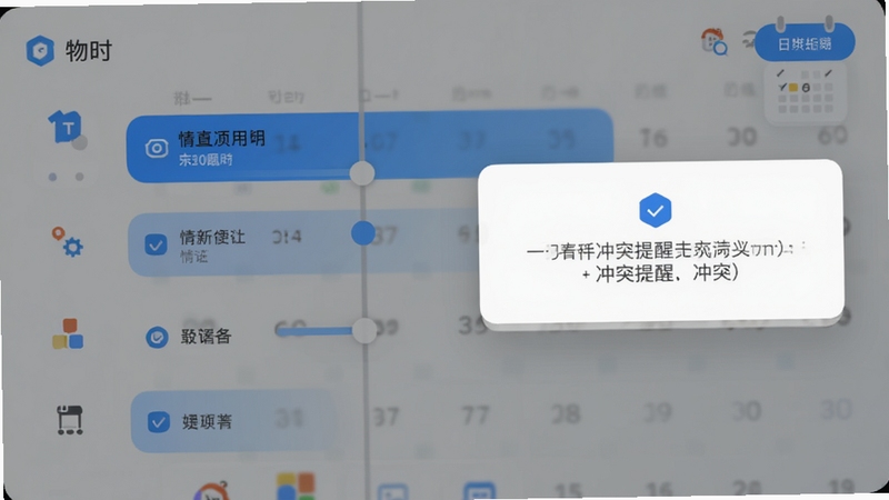 物时 时间轴界面 拖拽调整事项 冲突提醒弹窗 日历切换按钮 手机应用截图 浅色背景 蓝色高亮 扁平图标 整洁布局
