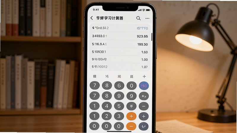 学习专用计算器历史记录页面截图,画面中央为手机屏幕上的计算历史列表,背景区域为书房书架与暖色台灯,整体氛围安静专注,体现学习专用计算器的记录回溯功能