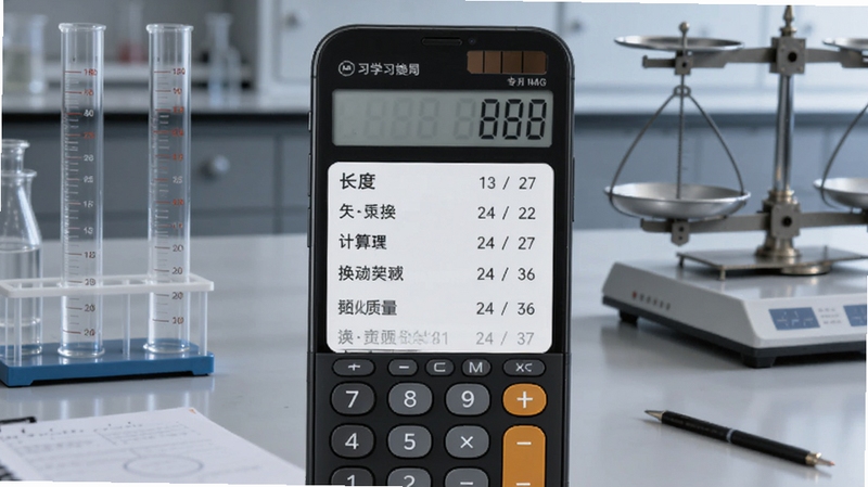 学习专用计算器单位换算功能界面展示,画面中央为手机屏幕上的长度与质量单位转换列表,背景区域为实验室桌面与量筒、天平,整体色调偏冷灰,突出学习专用计算器的实用换算工具属性