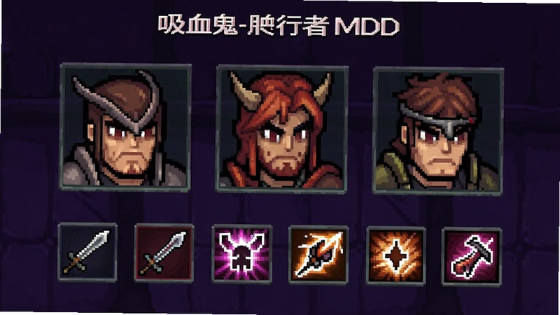 吸血鬼爬行者MOD菜单角色选择界面,多位像素风格英雄头像排列,下方显示武器与技能图标,暗紫色背景,简洁UI布局,游戏预览图