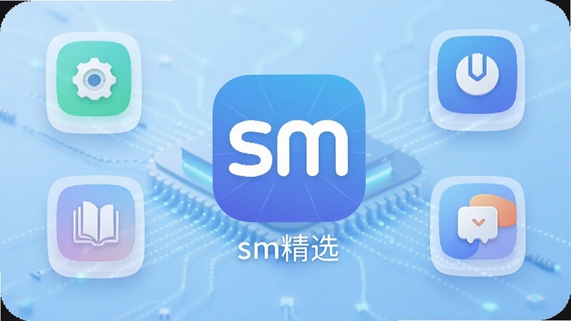 sm精选 安卓手机应用主界面展示,居中放置应用图标与名称sm精选,背景为浅蓝色渐变科技风格,周围环绕功能模块图标,画面简洁明亮,适配Boogu模型生成