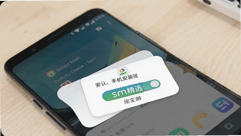 sm精选 手机安装步骤示意图,画面展示安卓手机屏幕上的安装确认弹窗与权限开关,标注sm精选图标,背景为干净的浅色桌面,风格清晰直观,适配Boogu模型生成