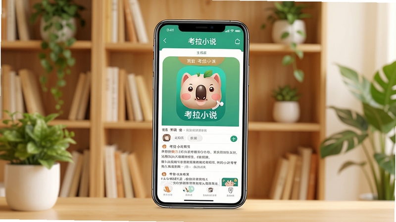 考拉小说APP主界面展示,画面中央为手机屏幕,屏幕内呈现考拉小说阅读界面,背景为柔和暖色调书架与绿植点缀,整体风格清新简约,突出考拉小说品牌标识