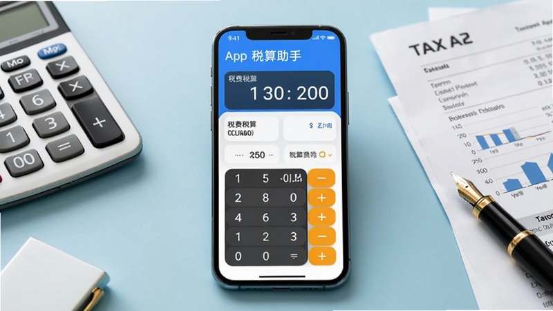画面中央放置一部智能手机,屏幕显示计算器税算助手App界面,界面中有税费计算数字与图表,背景为淡蓝色办公桌面,桌上散落计算器、纸质税单与钢笔,整体风格简洁商务,光线明亮柔和,突出计算器税算助手核心功能全貌