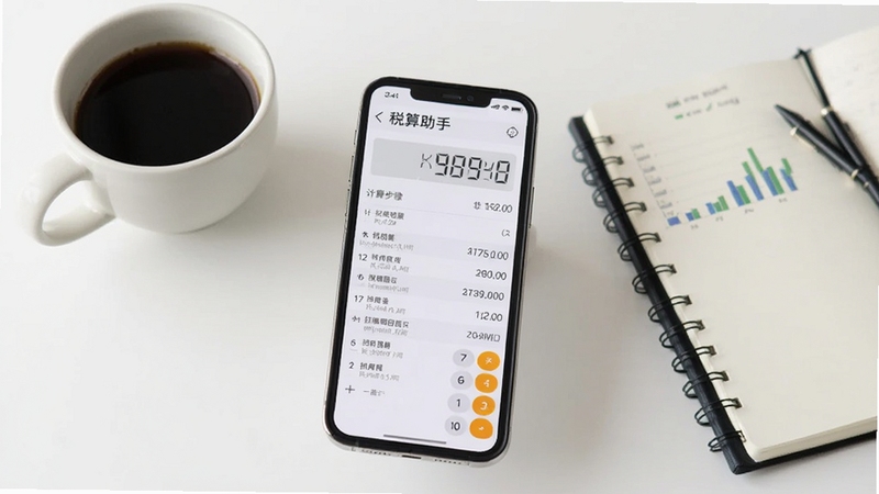 手机屏幕显示计算器税算助手计算结果页面,页面中有税额数字、计算步骤与扣除项目列表,背景为白色办公桌,旁边有一杯咖啡和笔记本,画面风格清新简约,体现计算器税算助手明细展示特点