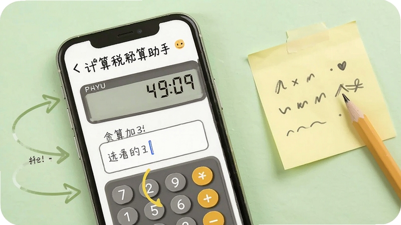 手机屏幕展示计算器税算助手使用教程页面,画面中有步骤指引箭头与输入框示意,背景为淡绿色,旁边有便签纸和铅笔,整体风格亲和易懂,突出计算器税算助手新手操作引导