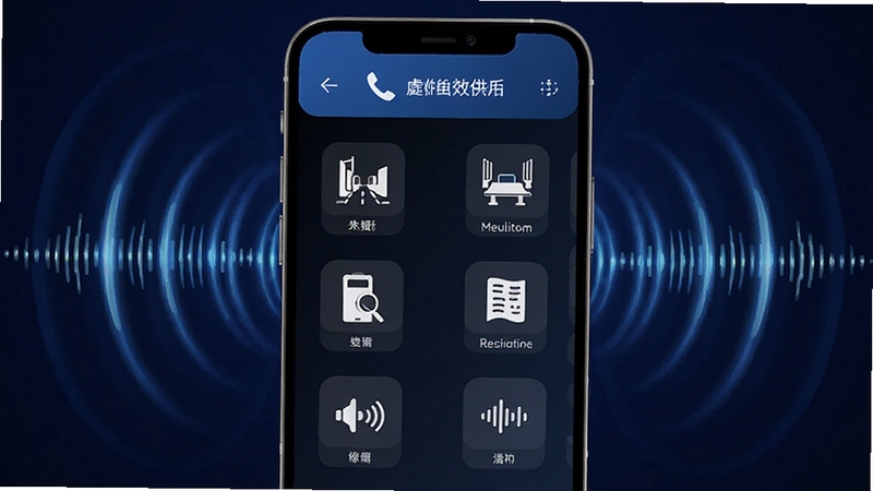 虚拟电话软件音效设置界面,画面主体为手机屏幕显示多种环境音效图标,如街道、地铁、会议室等,屏幕周围环绕着声波纹理,背景为深蓝色调,突出音效功能的科技感与丰富性,画面中包含虚拟电话文字标识