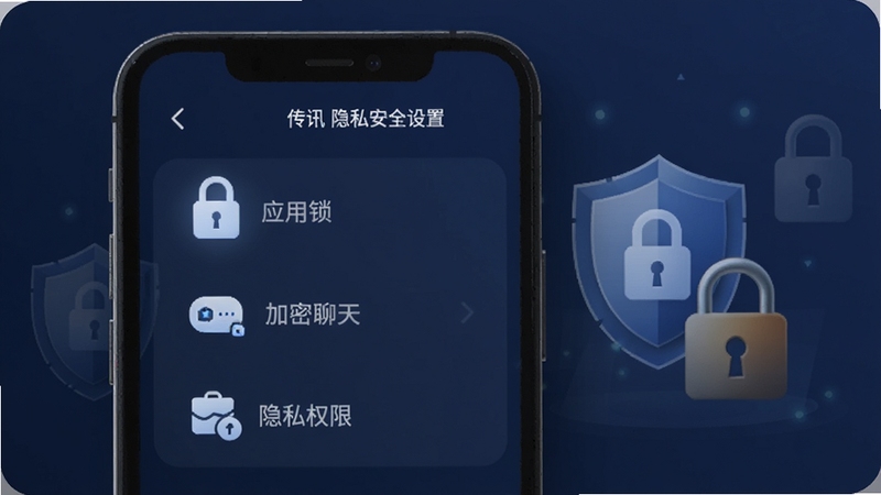 Milk传讯 隐私安全设置界面图,画面展示手机屏幕上的安全设置菜单,包含应用锁、加密聊天、隐私权限等选项图标,背景为深蓝色调,带有盾牌与锁形图案的装饰元素,整体风格稳重专业,适配Boogu模型生成