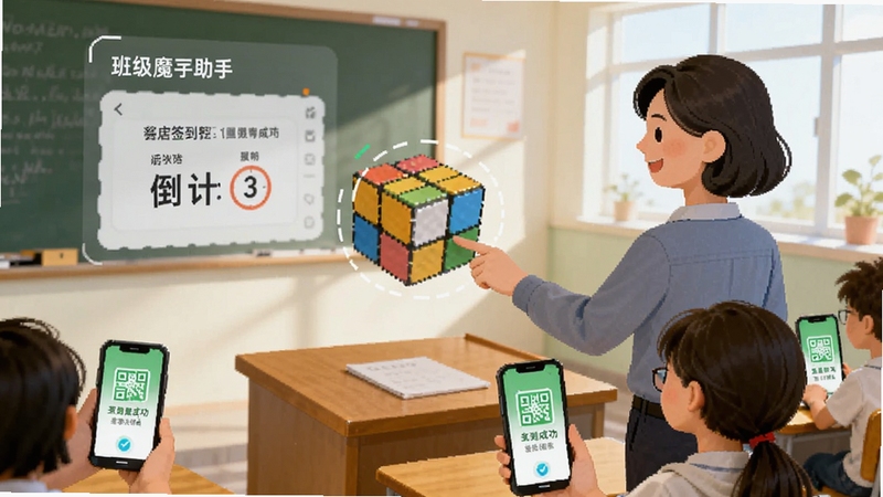 画面中一位教师站在讲台前使用班级魔方助手发起签到,学生座位上手机屏幕亮起显示签到成功,教室背景明亮,插画风格,细节包含签到二维码与倒计时元素,整体色调清新