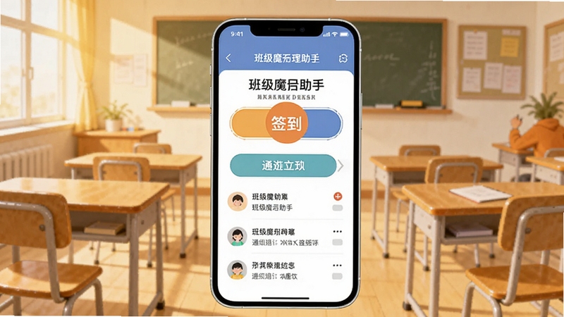 画面中央放置一部智能手机,屏幕显示班级魔方助手主界面,界面中包含签到按钮与通知列表,背景为整洁的教室场景,课桌椅排列整齐,暖色调光线,扁平化插画风格,突出班级管理主题