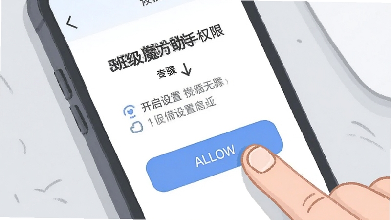 手机屏幕显示班级魔方助手权限设置页面,旁边有手指点击允许按钮的特写,背景为简洁的浅灰色桌面,插画风格,突出权限开启步骤,色调柔和