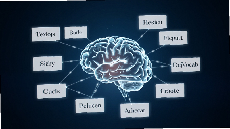 DejaVocab智能记忆算法概念图,画面中央是一个发光的数字大脑,周围环绕着漂浮的英文单词卡片,卡片之间有光线连接形成网络,科技感与教育感结合,背景为深蓝色渐变